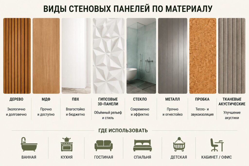 Сравнение видов стеновых панелей по материалу Виды стеновых панелей из дерева, МДФ, ПВХ, гипса, стекла, металла, пробки и ткани